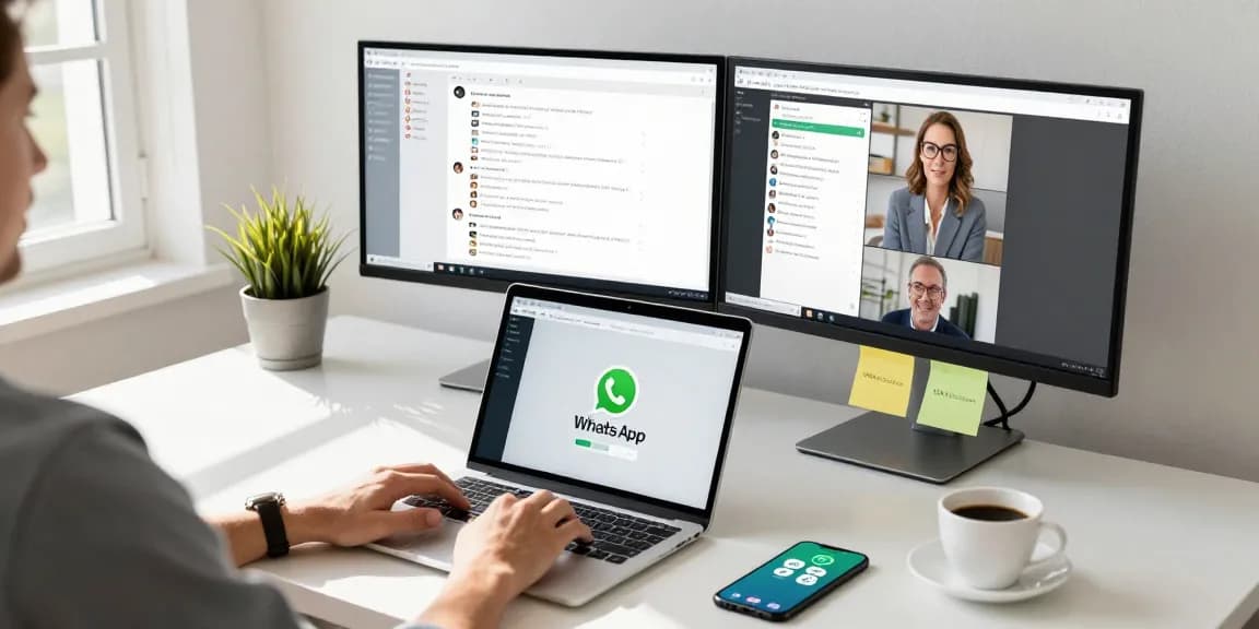 Using WhatsApp網頁版 in a stylish home office, showcasing remote communication.