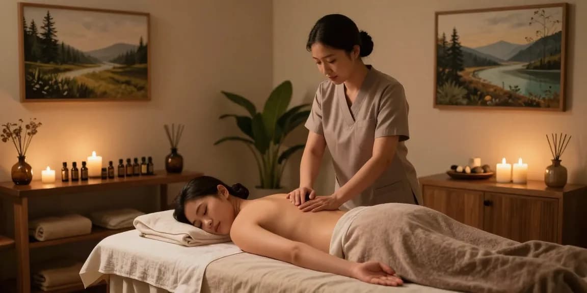 Relaxing 출장마사지 session in a tranquil spa setting with professional therapist and calming atmosphere.