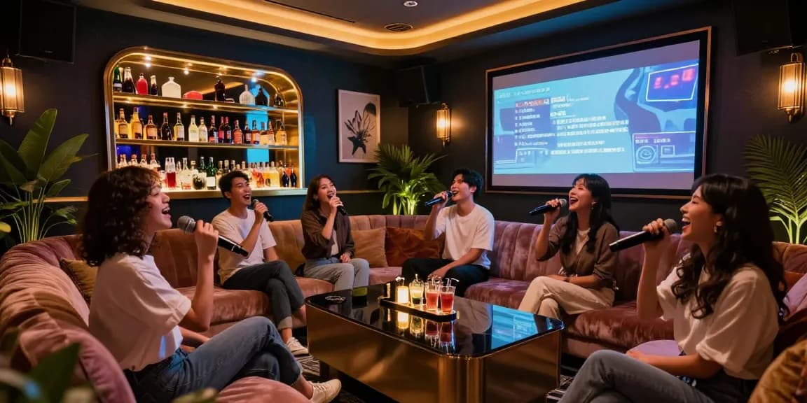 강남가라오케에서 즐거운 노래를 부르는 친구들, 고급스러운 인테리어와 프라이빗한 분위기