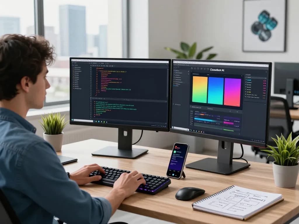 Developer utilizing Clawdbot AI in a modern workspace, showcasing coding productivity and tech integration.