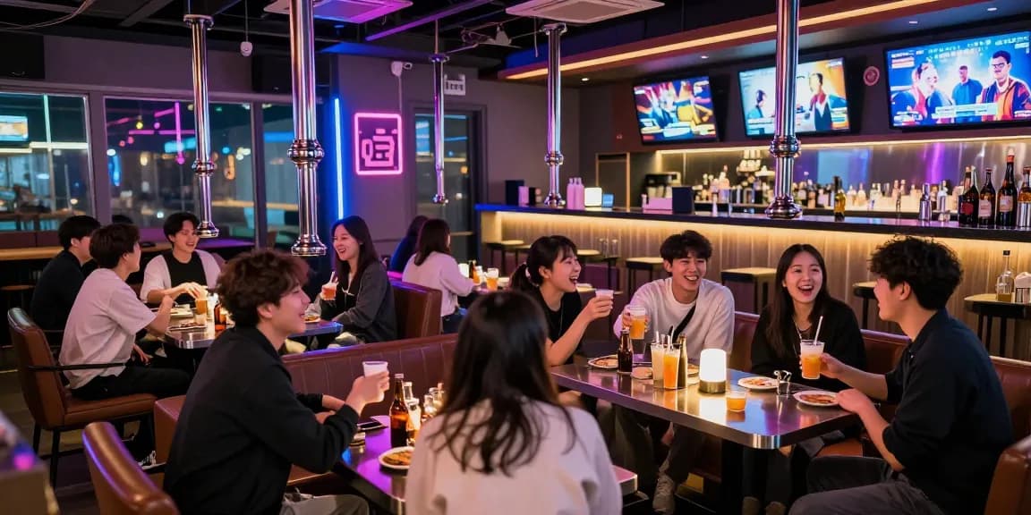 인천쓰리노 문화의 활기찬 밤문화 장면과 다양한 친구들 그룹이 함께 즐기는 모습