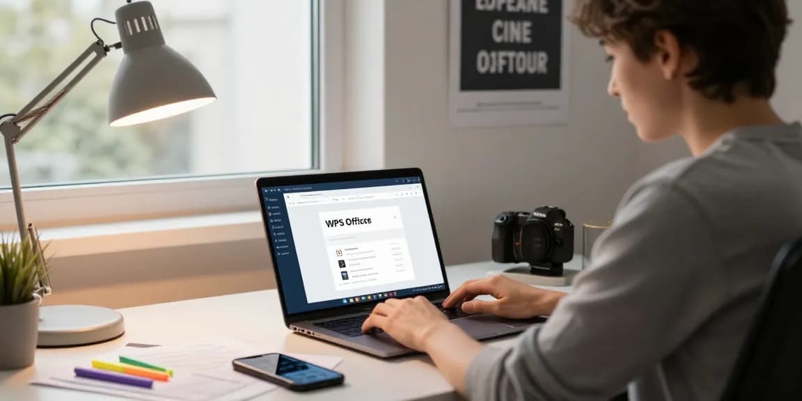 WPS Download in a modern workspace with a laptop and documents