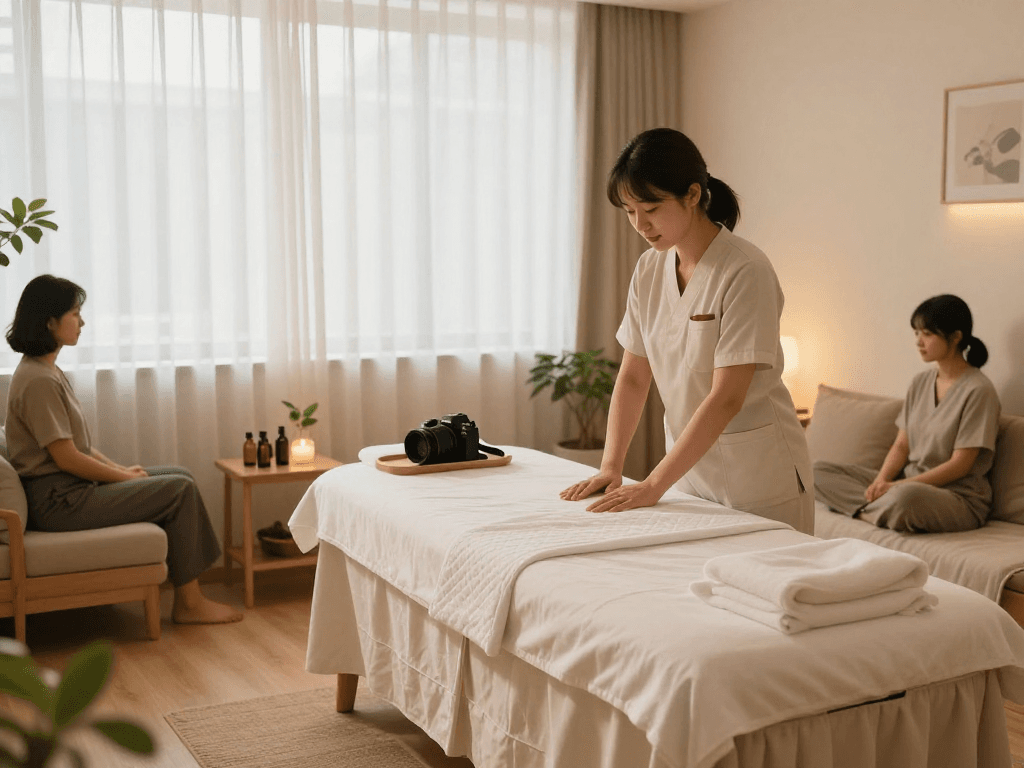 서울출장안마 in a calming home environment with a massage therapist preparing for a relaxing visit.