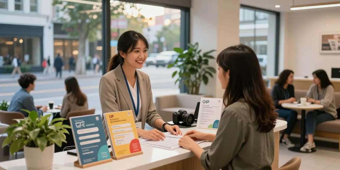 Friendly consultant assisting clients at a vibrant 오피 service office.