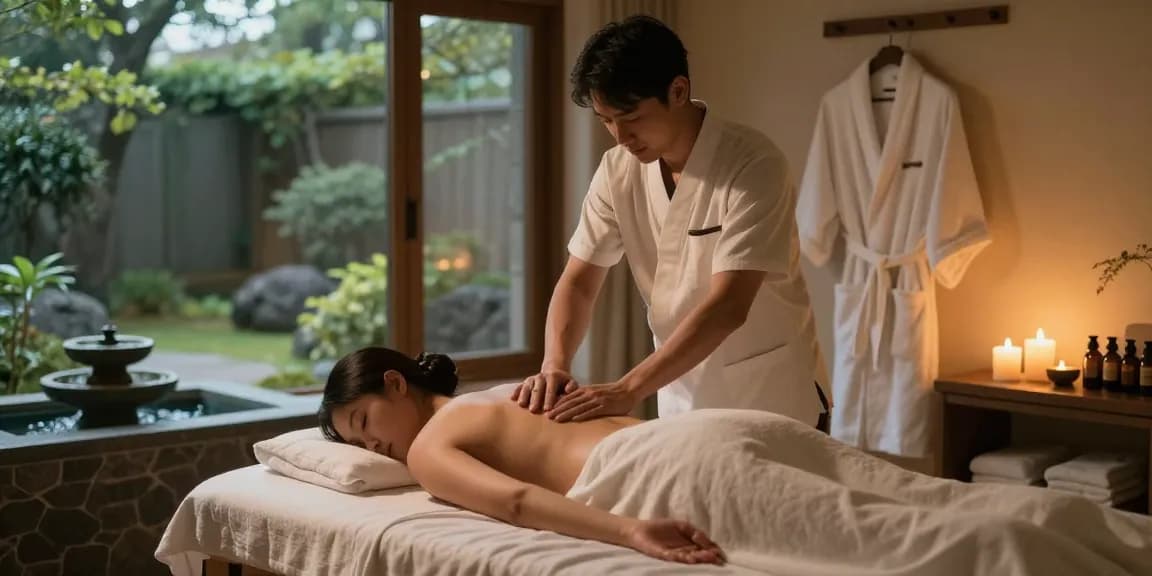 제주마사지로 힐링하는 남성 고객과 전문 마사지사 모습, 아늑한 스파 환경