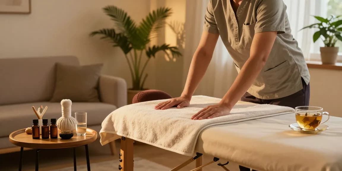 Serene scene showcasing a massage therapist preparing for 부천출장안마, highlighting essential oils and a calming atmosphere.