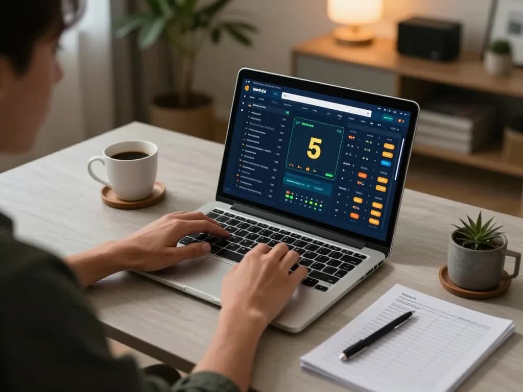 A person checking kèo nhà cái 5 on a laptop while noting sports betting strategies during a focused session