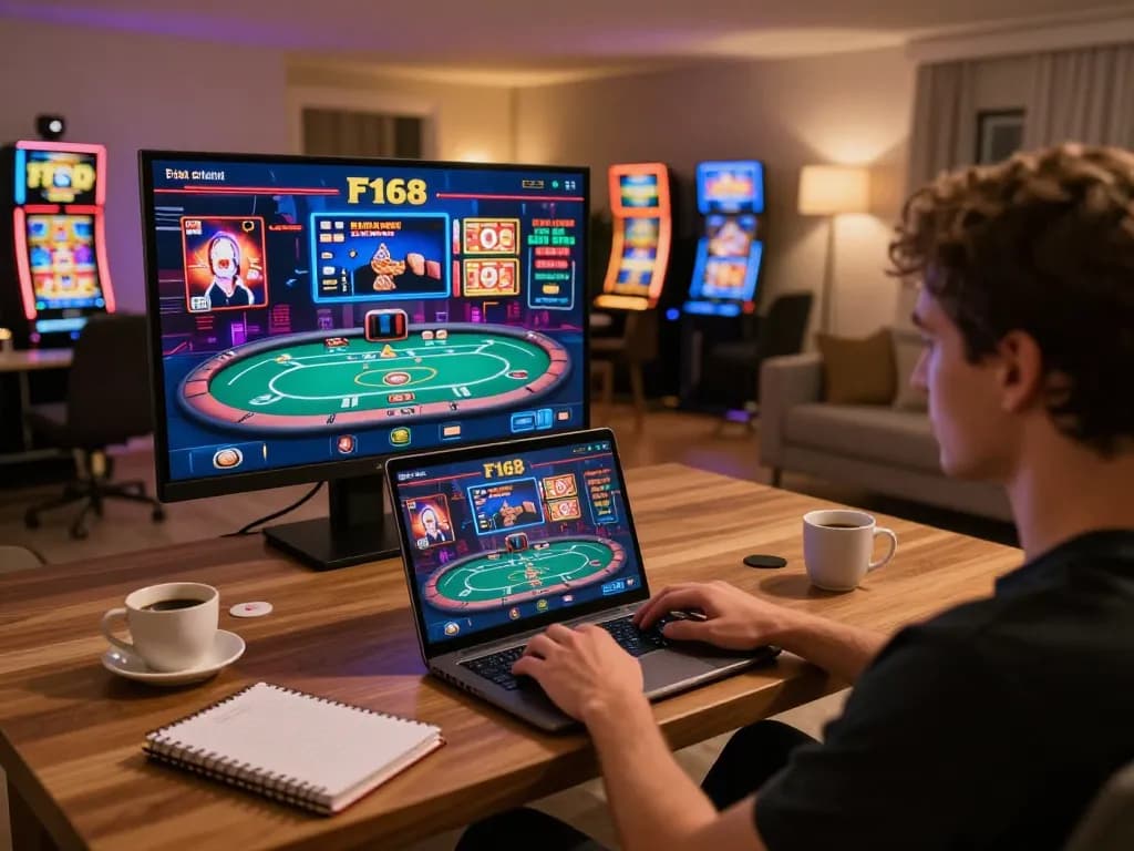 Player engaging in online gaming at F168 with poker tables displayed on screen, cozy home setup