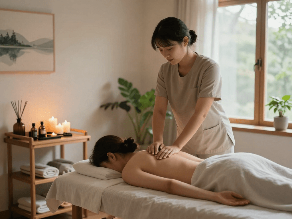 Relaxing 부평출장안마 massage therapy session in a tranquil spa setting with candles and essential oils.