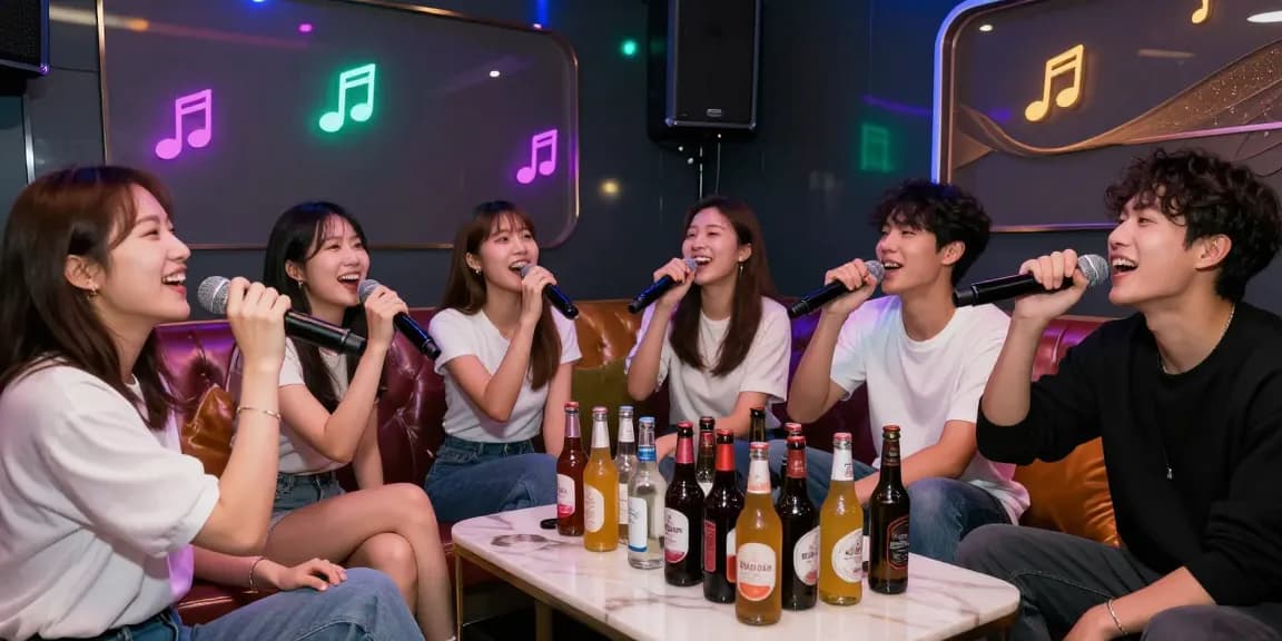 강남가라오케에서 친구들과 함께 즐기는 화려한 노래방 파티 장면