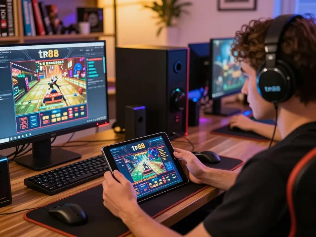 Engaged player exploring tr88 casino on a tablet in a cozy gaming nook