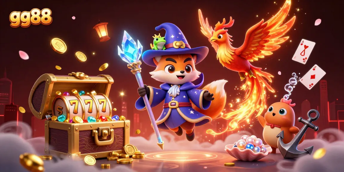 Experience the excitement of gg88 with a magical fox wizard and a phoenix in a bursting treasure scene.