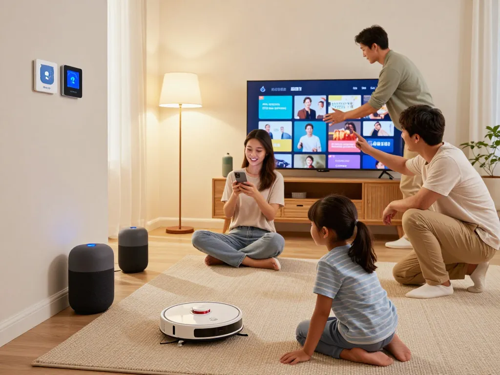 Family enjoying tech gadgets for home in a cozy living room with smart devices and warm lighting.