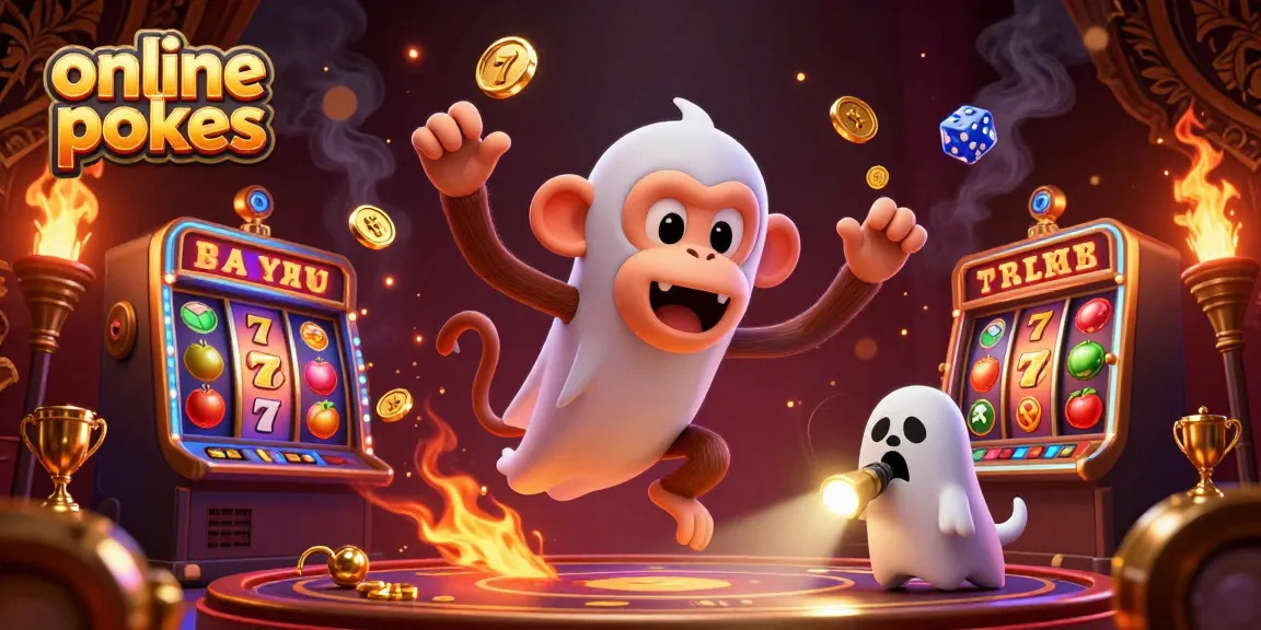 Exciting online pokies scene with a playful poltergeist monkey and a curious ghost-hunter puppy amid dynamic slot elements.
