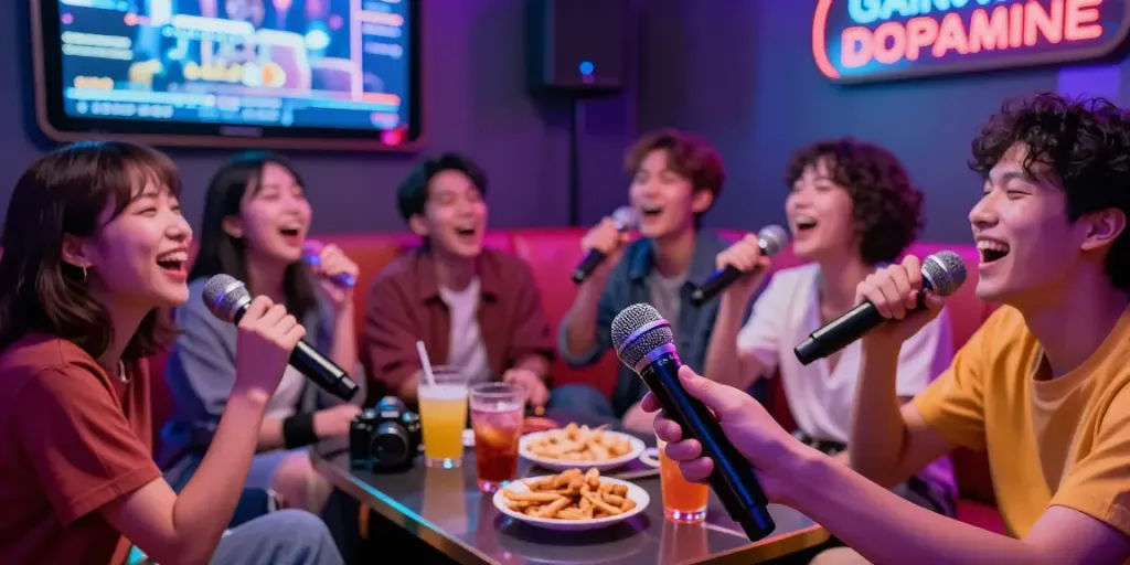 강남도파민에서 친구들과 즐거운 노래를 부르는 생생한 순간