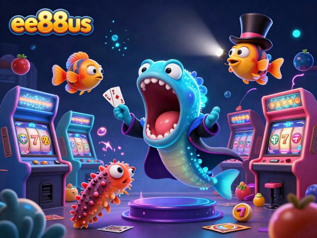 Experience thrilling gameplay at ee88us with a vibrant 3D illustration featuring casino magic and colorful slot elements.