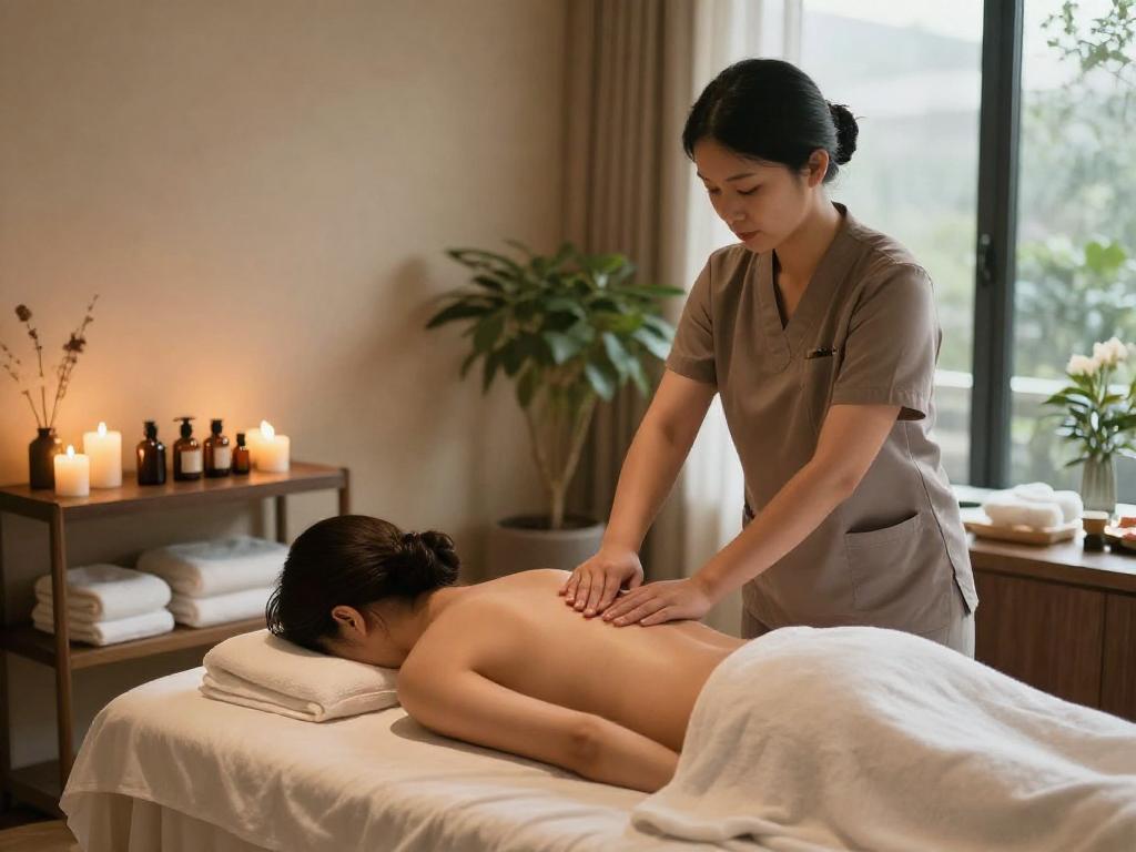 Serene spa scene featuring 용인출장마사지 therapy with calming ambiance and natural elements for relaxation.