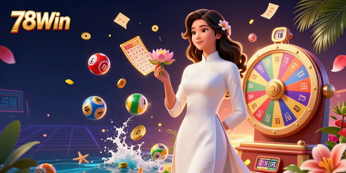 Engage with 78Win's vibrant casino scene featuring dynamic lottery elements and an elegant character.