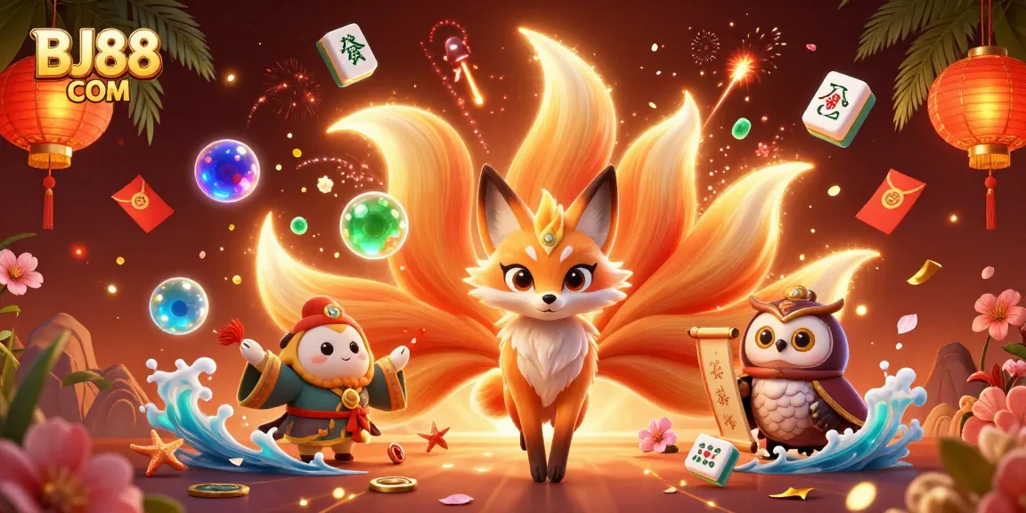 Experience exciting gaming opportunities at BJ88 COM with vibrant characters and rich casino elements.