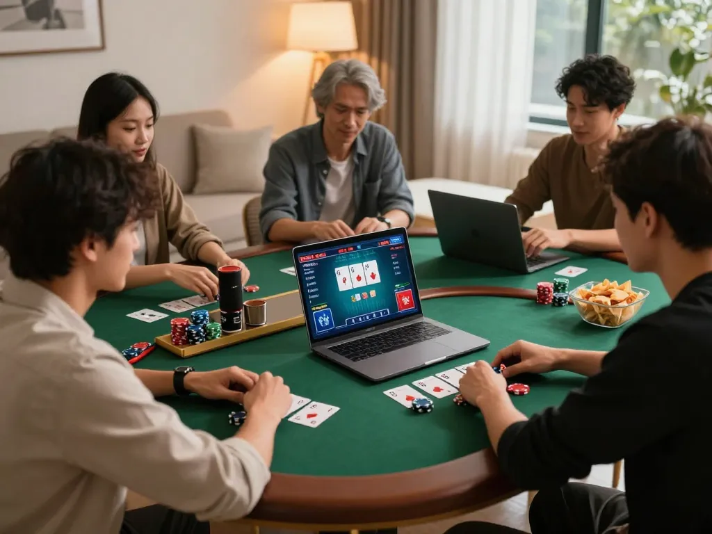 Players engaged in online gambling at home, showcasing a game đổi thưởng uy tín with an elegant laptop interface and cozy environment.