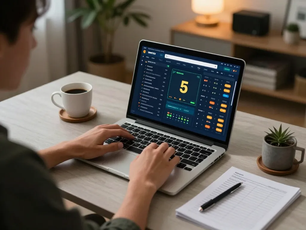 A person checking kèo nhà cái 5 on a laptop while noting sports betting strategies during a focused session
