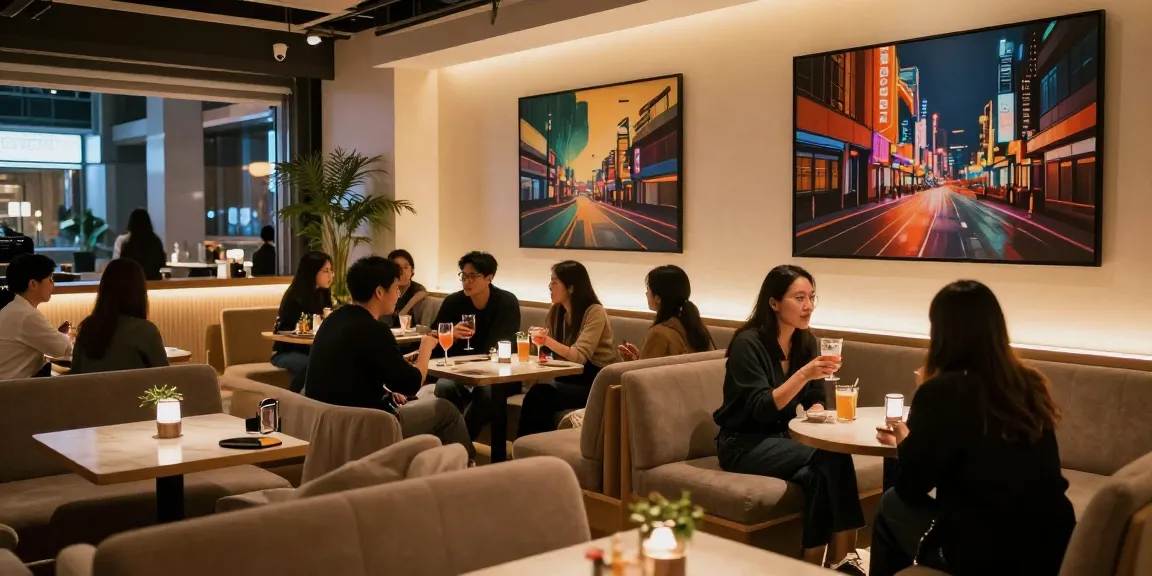 강남달토에서 손님들이 음료를 즐기며 대화하는 세련된 현대 라운지 장면
