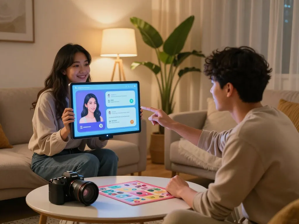 Couple engaging with AI-powered devices to explore personal desires in a cozy relationship space featuring soft lighting and modern decor.
