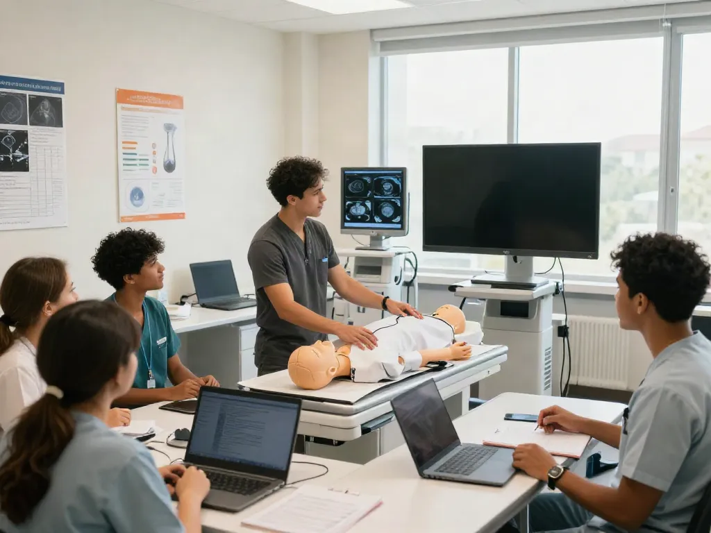 Students learning CT scan techniques in a modern radiology classroom, focused on rokok 88 education.