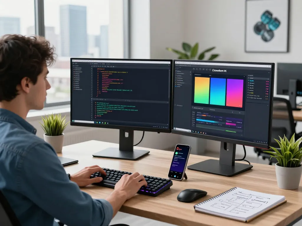 Developer utilizing Clawdbot AI in a modern workspace, showcasing coding productivity and tech integration.