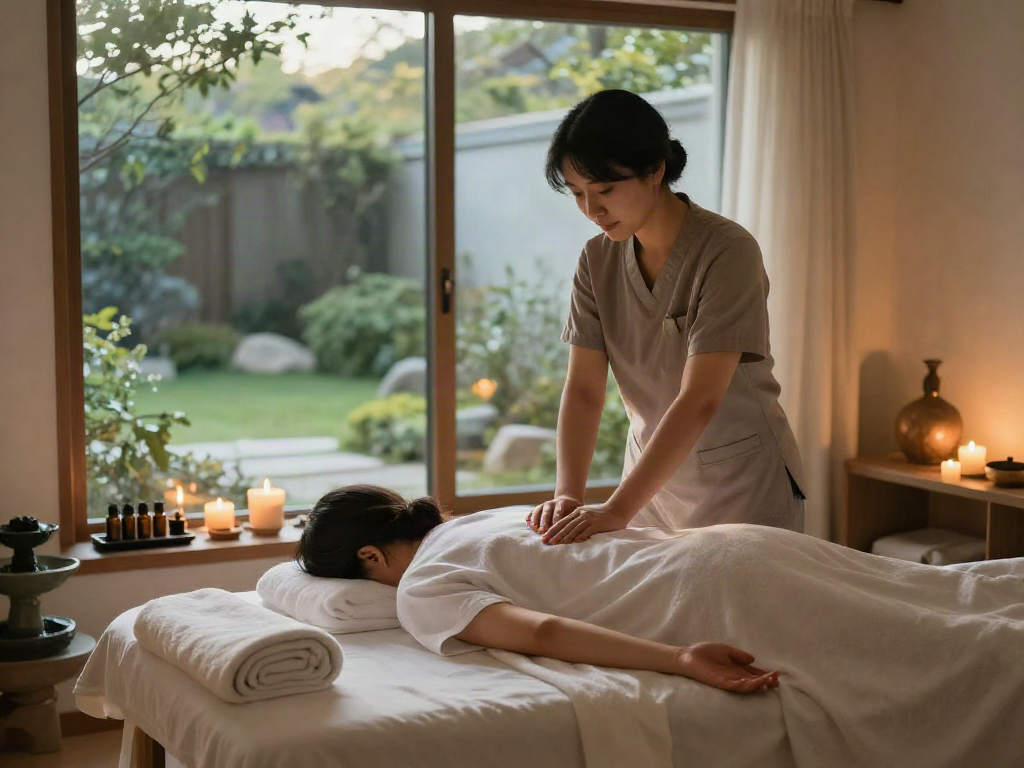 Relaxing 서대문출장안마 session in a serene wellness environment with calming light.