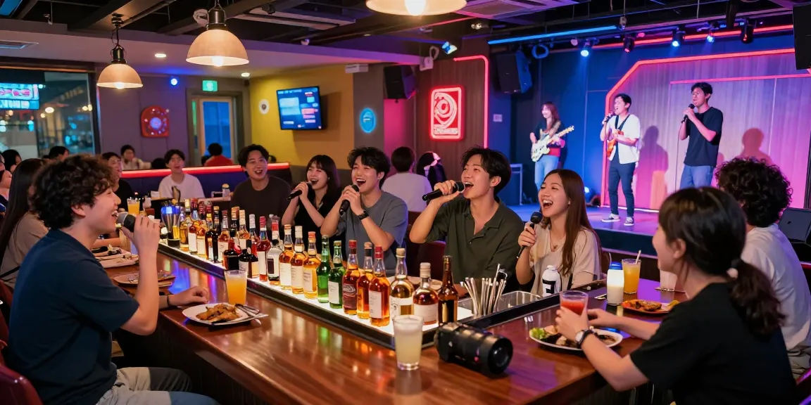 제주유흥에서 활기찬 가라오케 바의 즐거운 분위기와 다양한 친구들이 함께 노래하는 모습