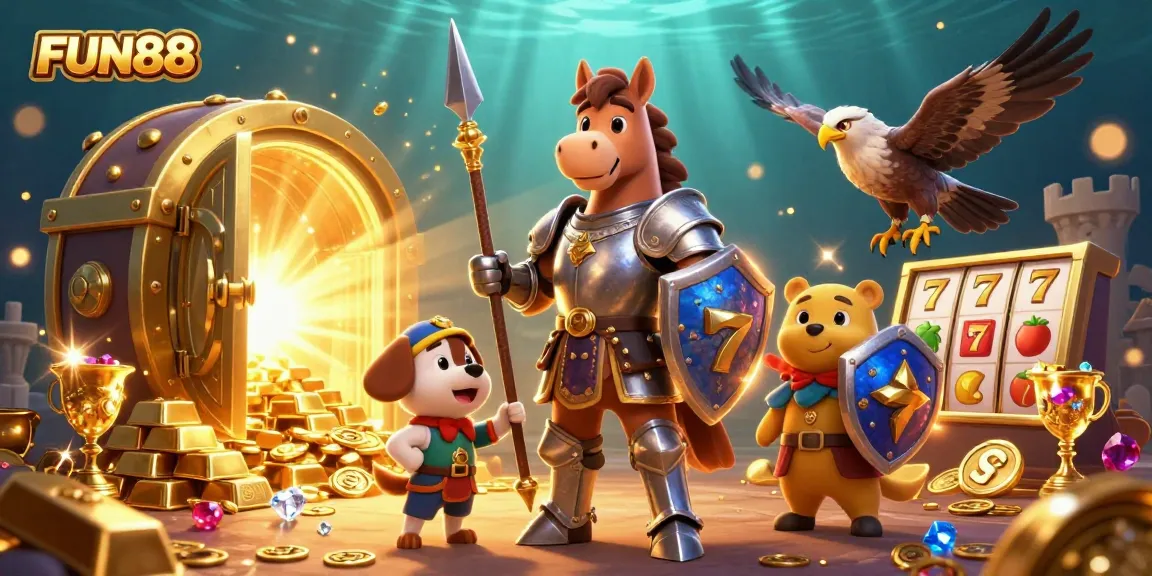 Engage with FUN88's thrilling slot experience alongside a knight and companions amidst treasures.