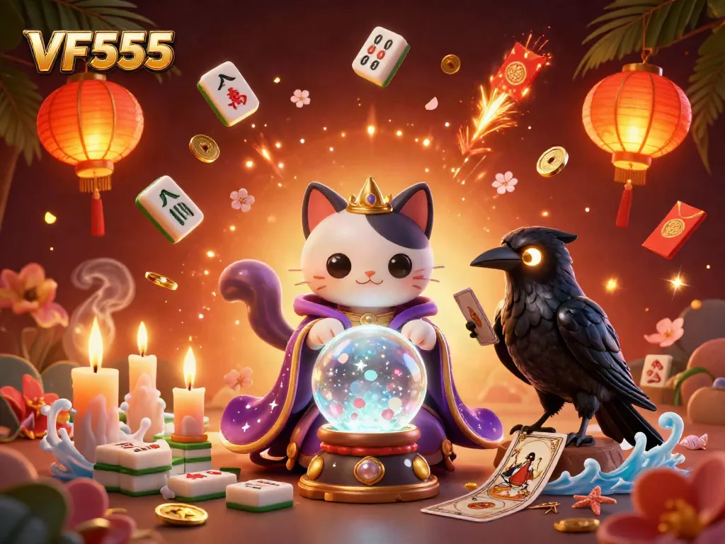 Experience thrilling gaming with VF555, a vibrant casino scene full of magical characters and festive elements.
