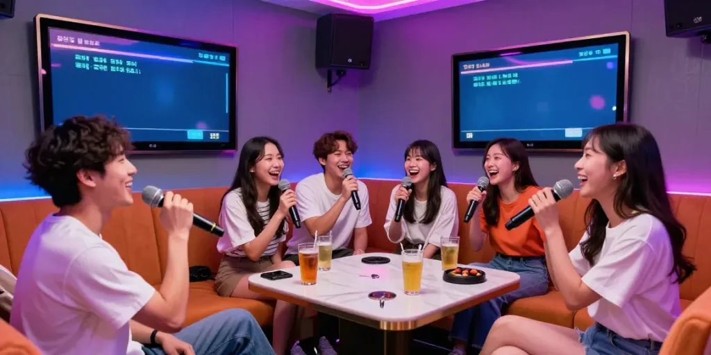 강남 달토에서 친구들이 함께 노래하며 즐기는 활기찬 장면