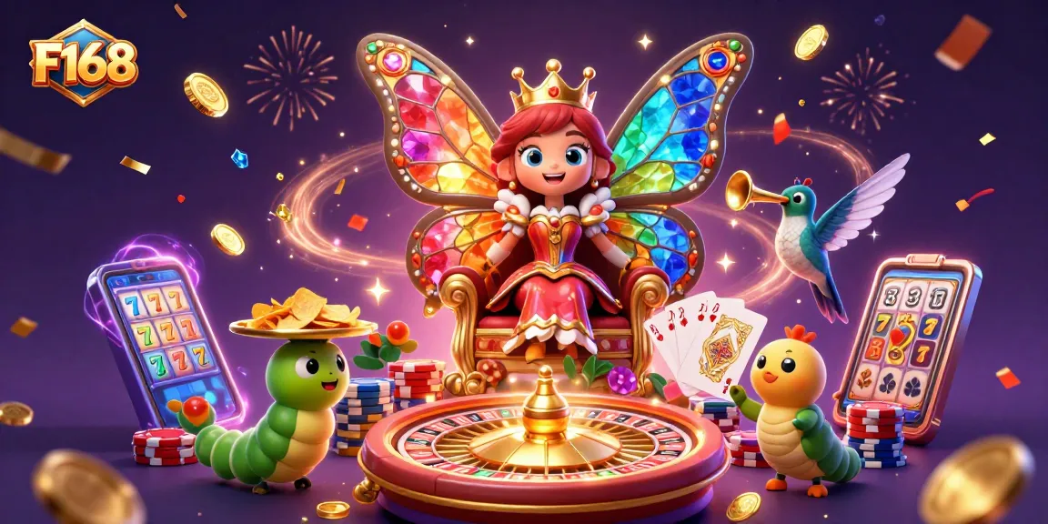 F168 players winning big with colorful chips, vibrant games, and magical casino atmosphere.