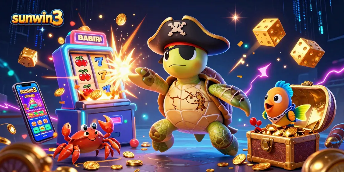 Engage in thrilling gameplay at sunwin3 with a cartoon pirate turtle, crab, and parrotfish amidst jackpot treasures.