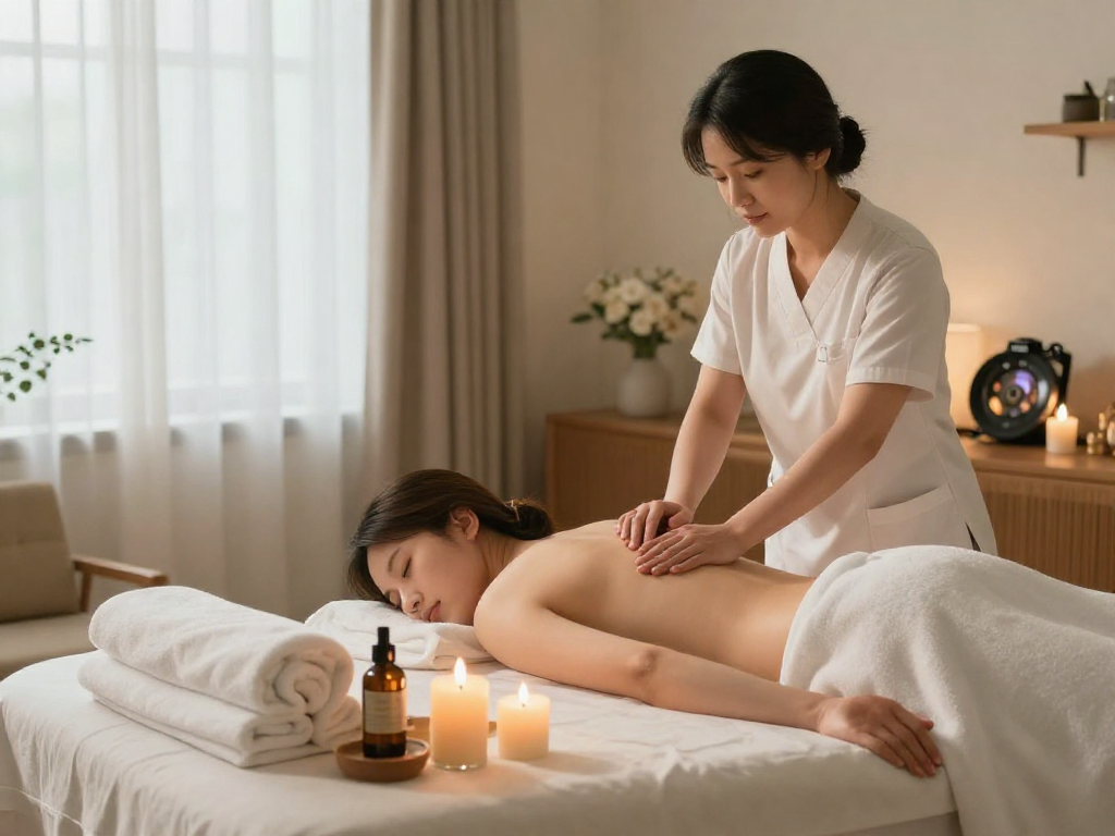 Relaxing 용인출장마사지 session in a cozy home spa setting with candles and flowers.