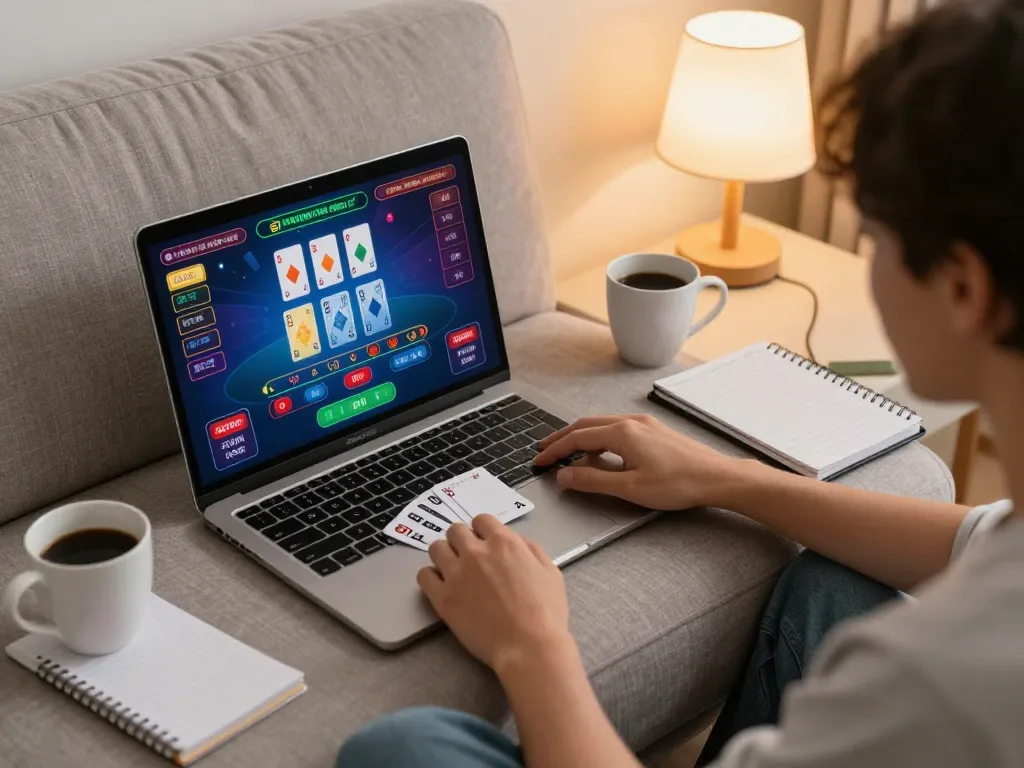 Player enjoying cm88 blackjack online, engaging with live dealer interface in cozy home setting.