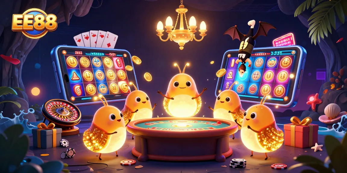 Light up your game with EE88 in this vibrant cave casino illustration featuring dynamic characters and gambling elements.