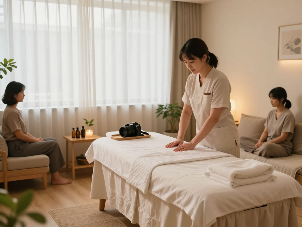 서울출장안마 in a calming home environment with a massage therapist preparing for a relaxing visit.