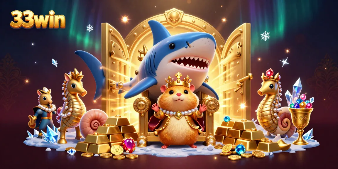 Experience thrilling casino adventures with 33win's vibrant graphics featuring a golden hamster king.