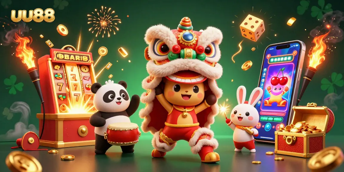 Experience dynamic gaming action with uu88's vibrant 3D casino illustration showcasing festive characters and thrilling elements.