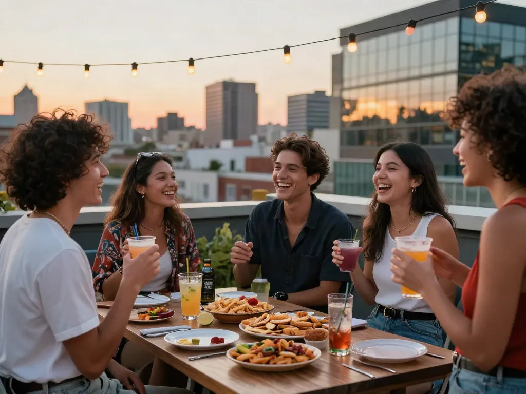 Gathering of friends celebrating with rokok88 super-inspired drinks at an urban rooftop party.