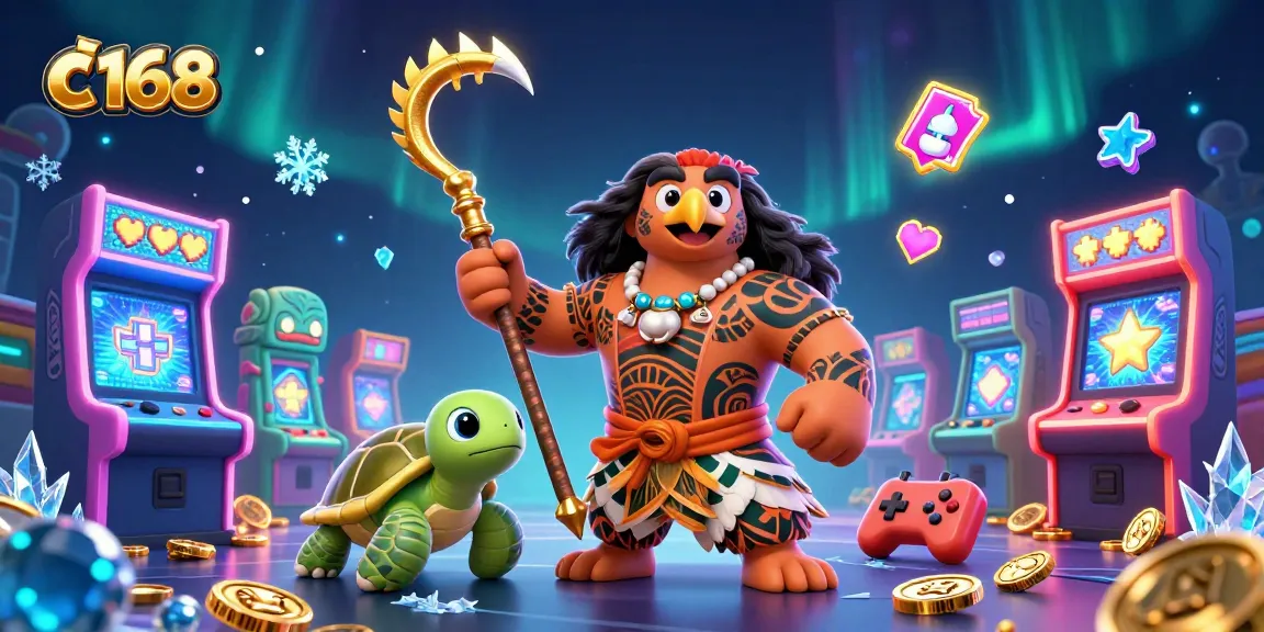 Engage with the dynamic c 168 experience featuring a Maui-style demigod, arcade games, and vibrant casino elements.
