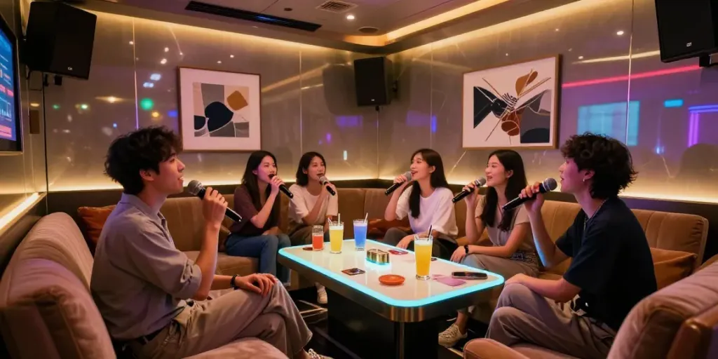 강남유앤미의 세련된 카라오케 공간에서 친구들이 즐거운 시간을 보내고 있는 모습