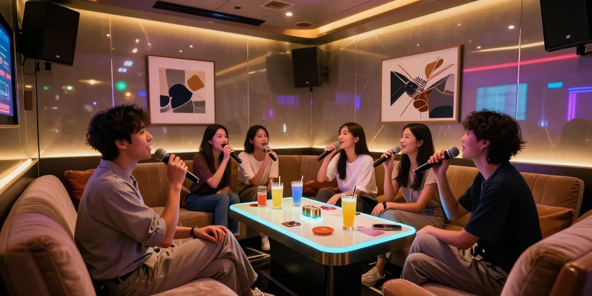 강남유앤미의 세련된 카라오케 공간에서 친구들이 즐거운 시간을 보내고 있는 모습