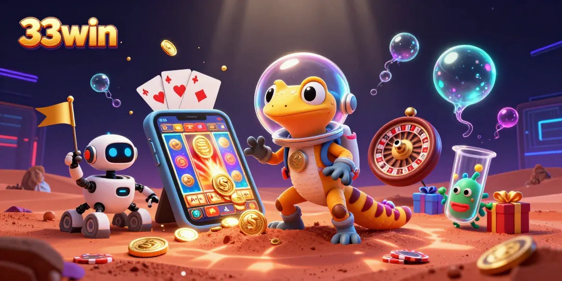 Engage in thrilling games at 33win with a quirky Martian gecko discovering a golden casino adventure.