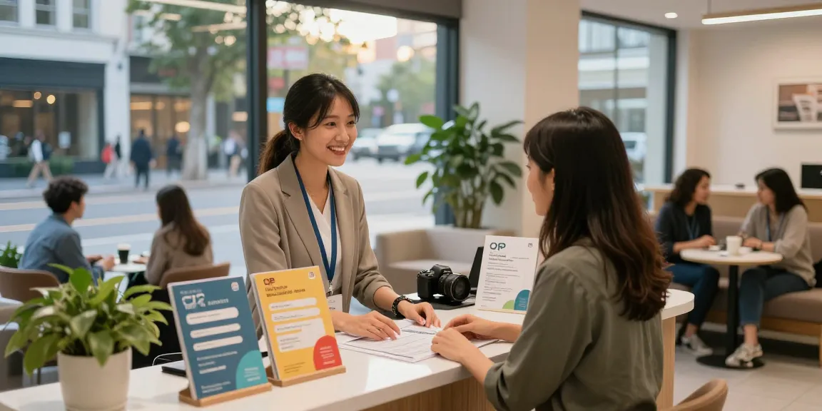 Friendly consultant assisting clients at a vibrant 오피 service office.