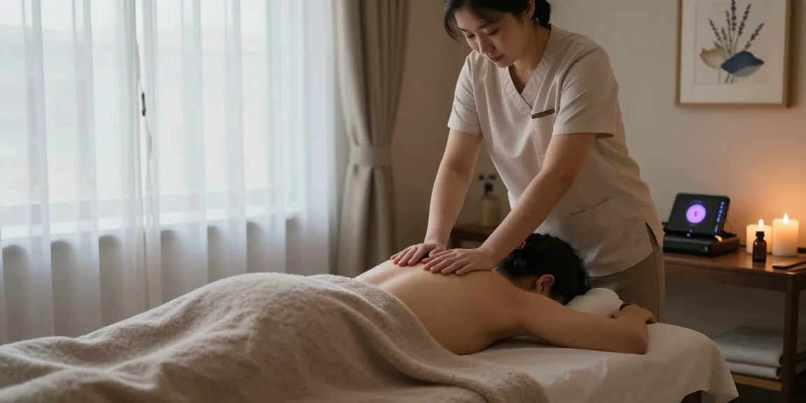 동탄마사지 치료 중인 고객과 마사지사, 아늑한 스파 환경에서 편안한 분위기 강조
