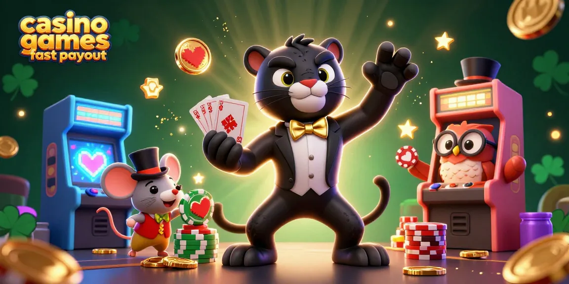 Experience thrilling casino games fast payout with a stylish panther dealing cards, owl with chips, and lucky mouse!